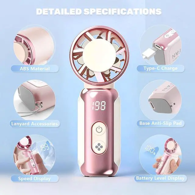 Alt view image 6 of 7 - Portable Handheld Mini Fan, 18000 RPM Personal Portable Fan with 199 Speeds & LED Screen, USB Rechargeable Travel Fan with Lanyard for Outdoor & Indoor, Pink Aesthetic Fan for Gift