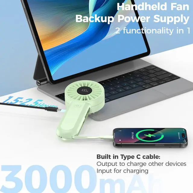 Alt view image 4 of 7 - Handheld Fan Rechargeable, Built-in Type-C Cable, 5-Speed Personal Fan with LED Display, Max 12H Runtime, Portable Fans for Travel Outdoor Cruise Makeup, Gifts for Women Stylish Girl (Green)