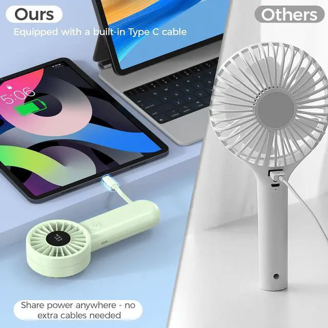 Alt view image 5 of 7 - Handheld Fan Rechargeable, Built-in Type-C Cable, 5-Speed Personal Fan with LED Display, Max 12H Runtime, Portable Fans for Travel Outdoor Cruise Makeup, Gifts for Women Stylish Girl (Green)