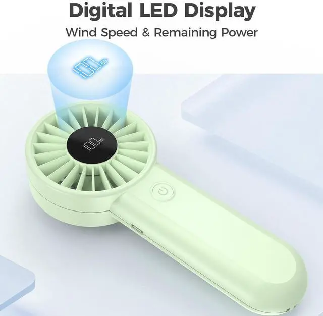 Alt view image 6 of 7 - Handheld Fan Rechargeable, Built-in Type-C Cable, 5-Speed Personal Fan with LED Display, Max 12H Runtime, Portable Fans for Travel Outdoor Cruise Makeup, Gifts for Women Stylish Girl (Green)