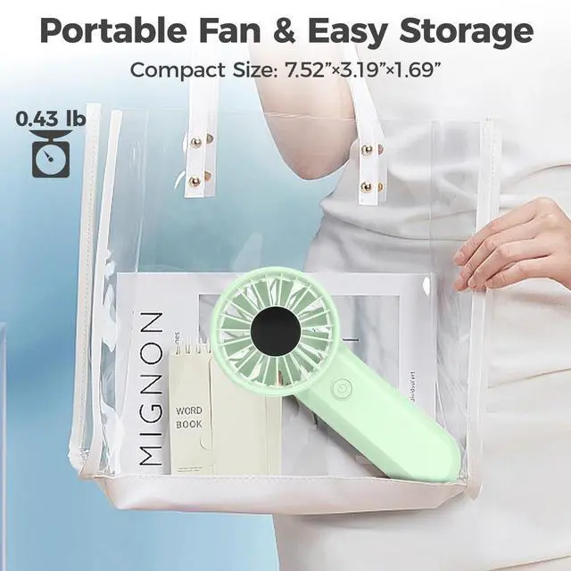 Alt view image 7 of 7 - Handheld Fan Rechargeable, Built-in Type-C Cable, 5-Speed Personal Fan with LED Display, Max 12H Runtime, Portable Fans for Travel Outdoor Cruise Makeup, Gifts for Women Stylish Girl (Green)