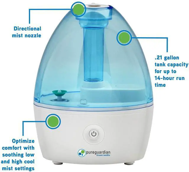 Alt view image 5 of 7 - Pure Guardian H910BL Ultrasonic Cool Mist Humidifier, 14 Hrs. Run Time, 210 Sq. Ft. Coverage, Small Rooms, Quiet, Filter Free