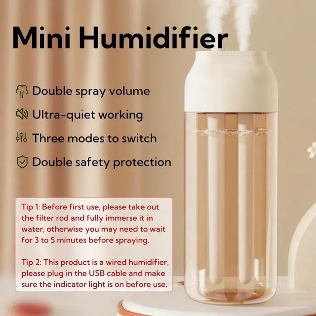 Alt view image 2 of 7 - Portable Small Humidifier Dual Nozzle - Large Cool Mist Humidifiers Double Spray Ports, Water Shortage Protection, Ultra-Quiet, Mini Humidifier for Bedroom Plants Office Car Travel (P07)