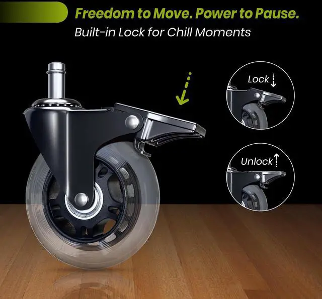 Alt view image 2 of 5 - Office Chair Wheel Replacement with Brake - 3 Heavy Duty Caster Locking Wheel for Desk Chairs, Smooth Rolling Chair Caster, Safe for Hard Floors and Low Carpets,Universal Fit (1 pc, Clear)
