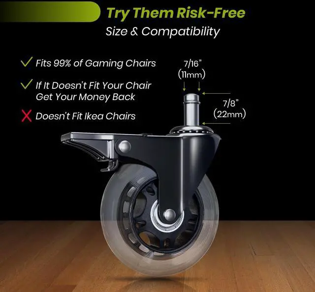 Alt view image 4 of 5 - Office Chair Wheel Replacement with Brake - 3 Heavy Duty Caster Locking Wheel for Desk Chairs, Smooth Rolling Chair Caster, Safe for Hard Floors and Low Carpets,Universal Fit (1 pc, Clear)