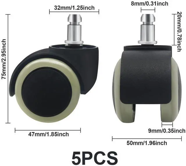 Alt view image 2 of 5 - Office Chair Wheels Replacement Rubber Chair casters(Set of 5) for Hardwood Floors and Carpet- Heavy Duty Caster Support up to 750bls,2 Inch 11mm Universal Standard Size (Black/Gray)