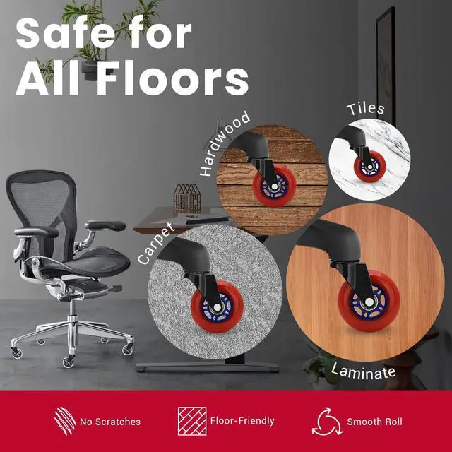 Alt view image 3 of 7 - Roller Blade Office Chair Caster Wheels Gaming Chair 3 inch Replacement Rubber Chair Casters for Hardwood Floors & Carpet - Smooth & Quiet - Desk Chair Casters - Set of 5