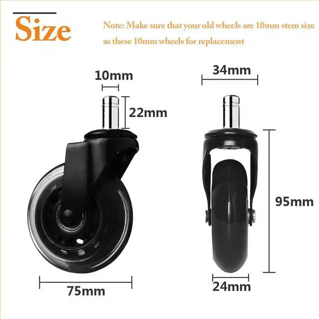 Alt view image 2 of 7 - 3 Inch Office Chair Wheels Set of 5, 10mm Rubber Chair Casters Replacement, Heavy Duty Gaming Chair Wheels Protection for Hardwood Floors Without Chair Mats - 650lbs