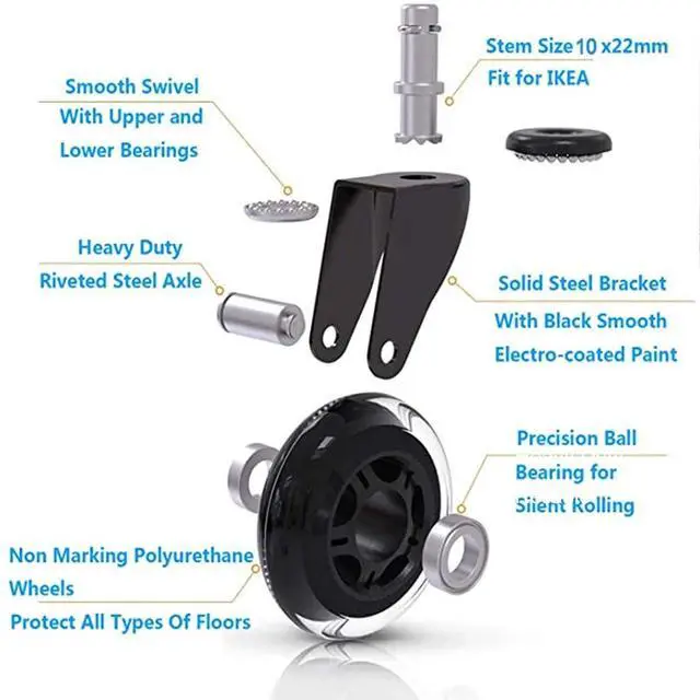 Alt view image 6 of 7 - 3 Inch Office Chair Wheels Set of 5, 10mm Rubber Chair Casters Replacement, Heavy Duty Gaming Chair Wheels Protection for Hardwood Floors Without Chair Mats - 650lbs