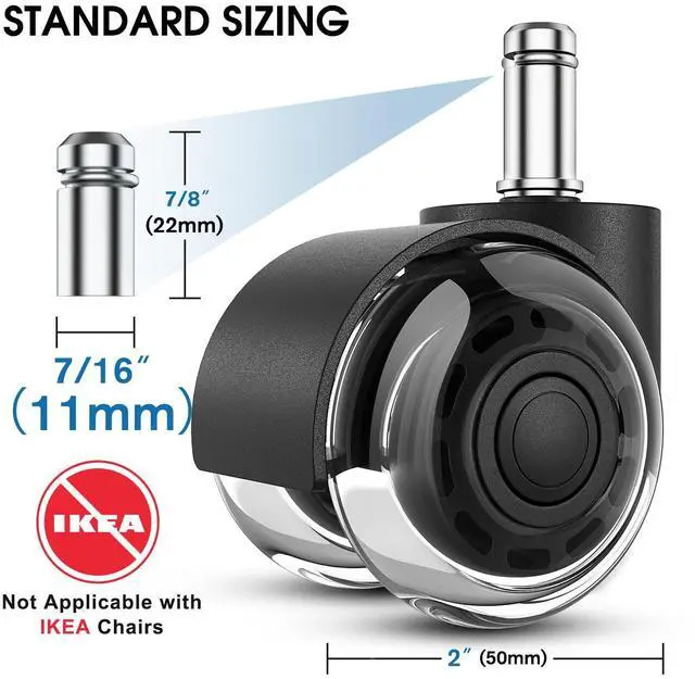 Alt view image 2 of 7 - Office Chair Wheels, 2 Inch Replacement Soft Mute Desk Caster Wheels for Work & Gaming Chair, Heavy Duty and Safe Rolling for All Floors & Hardwood, Universal Fit for 98% of Chairs, Set of 5