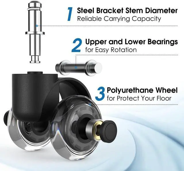 Alt view image 4 of 7 - Office Chair Wheels, 2 Inch Replacement Soft Mute Desk Caster Wheels for Work & Gaming Chair, Heavy Duty and Safe Rolling for All Floors & Hardwood, Universal Fit for 98% of Chairs, Set of 5