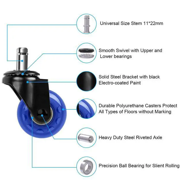 Alt view image 3 of 6 - Office Chair Caster Replacement, 2" Heavy Duty Desk Chair Casters Rolling Smooth Safe for Hardwood, Tile & Carpet Universal Fit 7/16" x 7/8" (Set of 5), Blue