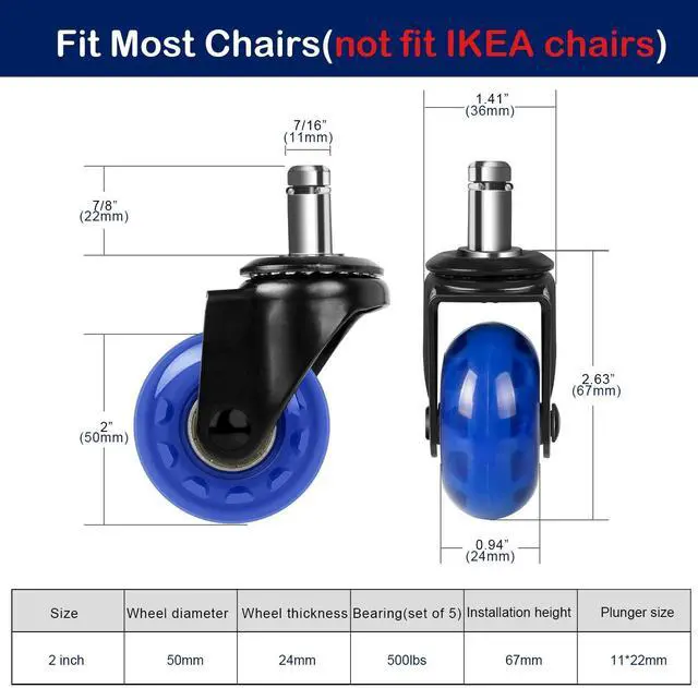 Alt view image 2 of 6 - Office Chair Caster Replacement, 2" Heavy Duty Desk Chair Casters Rolling Smooth Safe for Hardwood, Tile & Carpet Universal Fit 7/16" x 7/8" (Set of 5), Blue