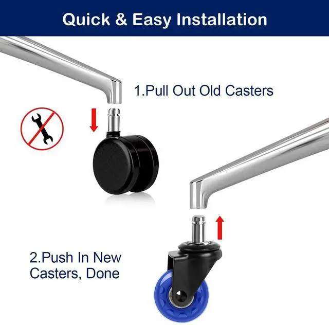 Alt view image 5 of 6 - Office Chair Caster Replacement, 2" Heavy Duty Desk Chair Casters Rolling Smooth Safe for Hardwood, Tile & Carpet Universal Fit 7/16" x 7/8" (Set of 5), Blue
