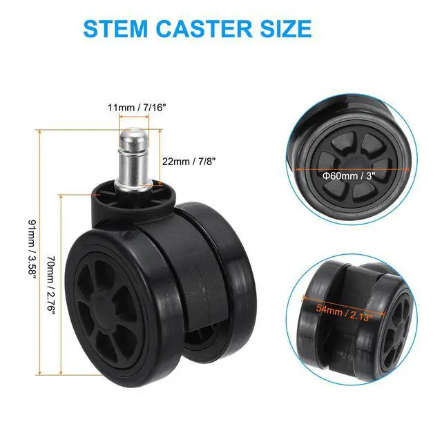 Alt view image 2 of 7 - 3 Inch Office Chair Wheel Replacement, Desk Chair Wheels with 7/16" x 7/8" Quite Rolling Caster Wheels 154 Lbs Per Wheel for Wood Floors Carpet, Black
