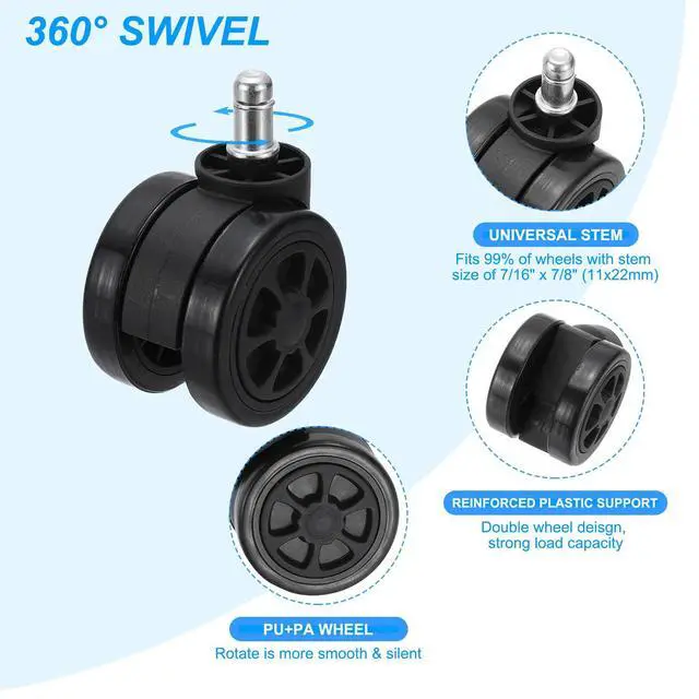Alt view image 3 of 7 - 3 Inch Office Chair Wheel Replacement, Desk Chair Wheels with 7/16" x 7/8" Quite Rolling Caster Wheels 154 Lbs Per Wheel for Wood Floors Carpet, Black