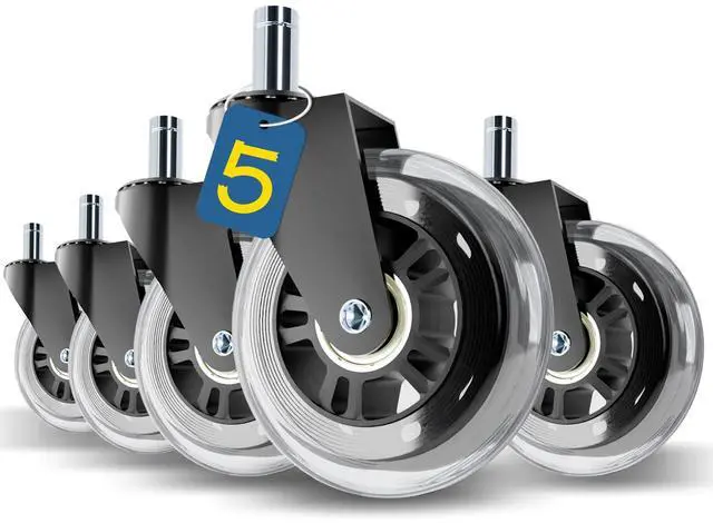 Main image of Office Chair Wheels Replacement,3" Rubber Casters 7/16" Stem,Universal fit for Most Rolling/Gaming Chairs,Floor Protection for Carpet/Hardwood/Tile,Smooth&Quiet Rolling,Set of 5 (Transparent)
