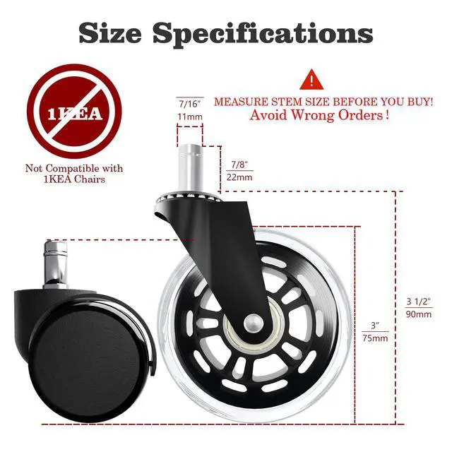Alt view image 3 of 6 - Office Chair Wheels Replacement,3" Rubber Casters 7/16" Stem,Universal fit for Most Rolling/Gaming Chairs,Floor Protection for Carpet/Hardwood/Tile,Smooth&Quiet Rolling,Set of 5 (Transparent)