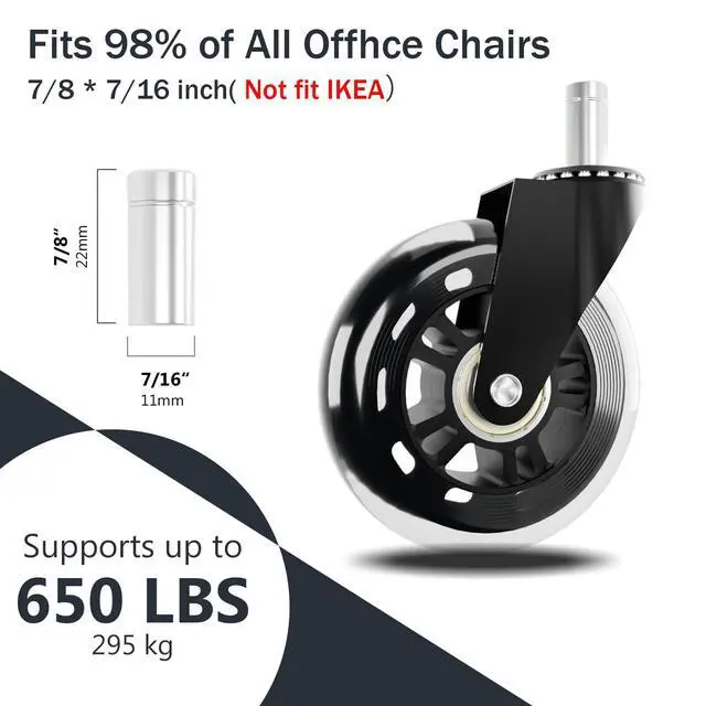 Alt view image 2 of 6 - Office Chair Wheels Replacement,3" Rubber Casters 7/16" Stem,Universal fit for Most Rolling/Gaming Chairs,Floor Protection for Carpet/Hardwood/Tile,Smooth&Quiet Rolling,Set of 5 (Transparent)