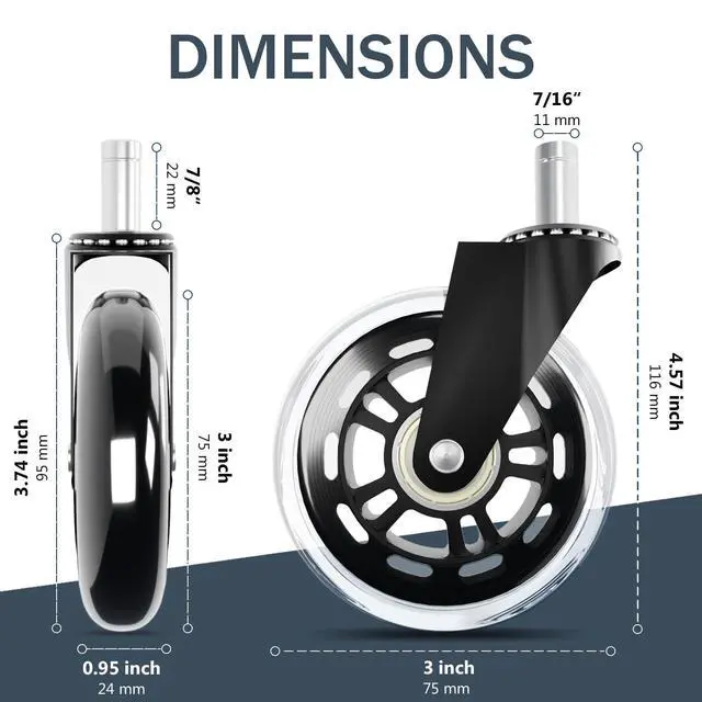 Alt view image 5 of 6 - Office Chair Wheels Replacement,3" Rubber Casters 7/16" Stem,Universal fit for Most Rolling/Gaming Chairs,Floor Protection for Carpet/Hardwood/Tile,Smooth&Quiet Rolling,Set of 5 (Transparent)