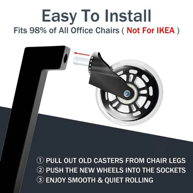 Alt view image 4 of 6 - Office Chair Wheels Replacement,3" Rubber Casters 7/16" Stem,Universal fit for Most Rolling/Gaming Chairs,Floor Protection for Carpet/Hardwood/Tile,Smooth&Quiet Rolling,Set of 5 (Transparent)