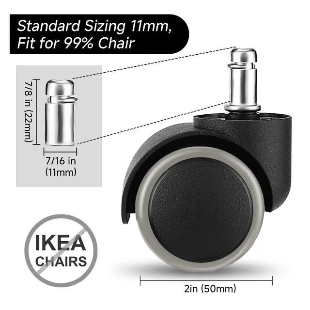 Alt view image 2 of 7 - 2 Inch Rollerblade Wheels for Office Chairs Replacement, 5PCS Mute Heavy Duty Rubber Rotating Computer Desk Chair Caster, Safe for Wood Floors Carpet, Universal Standard Stem Size Fits 99%