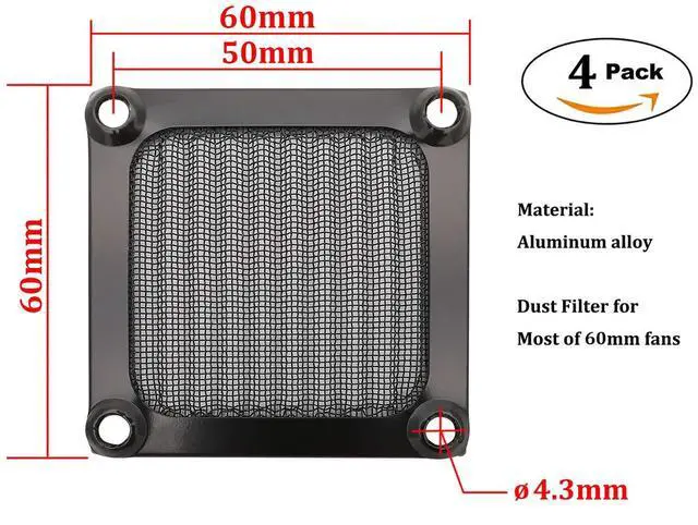 Alt view image 2 of 7 - 60mm Computer Case Fan Filter Grills with Screws, Aluminum Frame Ultra Fine Stainelss Steel Mesh, Black Color - 4 Pack