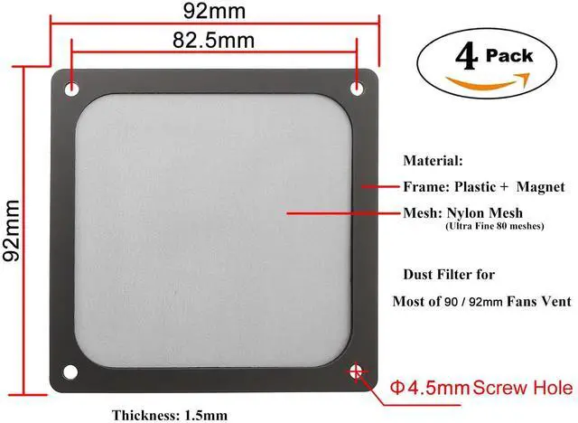 Alt view image 2 of 7 - 90mm 92mm PC Computer Case Fan Dust Filter Grills with Magnet and Screws, Ultra Fine Nylon Mesh, Black Color - 4 Pack