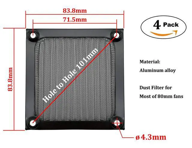Alt view image 2 of 7 - 80mm Computer Fan Filter Grills with Screws, Aluminum Frame Ultra Fine Stainelss Steel Mesh - 4 Pack (Black)