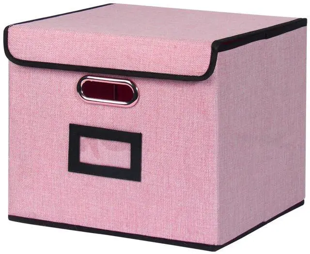 Main image of Large Square Storage Bin with Lid, Foldable Organizer Box with Handles & Label Design, for Office, Closet, Home, Documents, Pink, 12.20 x 10.63 x 10.63 Inches, 1 Pack