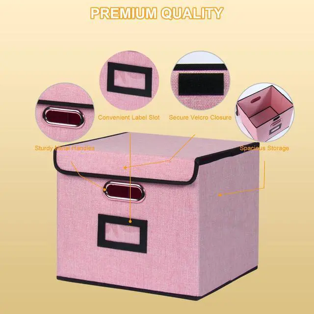 Alt view image 4 of 6 - Large Square Storage Bin with Lid, Foldable Organizer Box with Handles & Label Design, for Office, Closet, Home, Documents, Pink, 12.20 x 10.63 x 10.63 Inches, 1 Pack