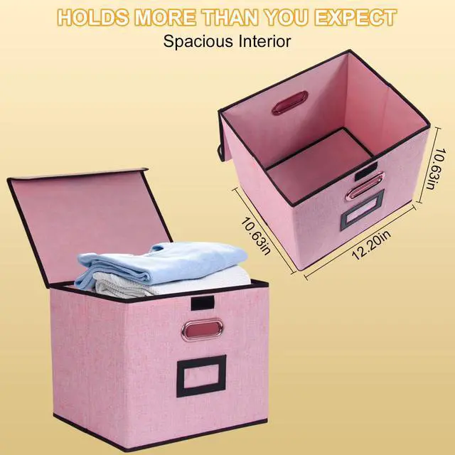 Alt view image 3 of 6 - Large Square Storage Bin with Lid, Foldable Organizer Box with Handles & Label Design, for Office, Closet, Home, Documents, Pink, 12.20 x 10.63 x 10.63 Inches, 1 Pack