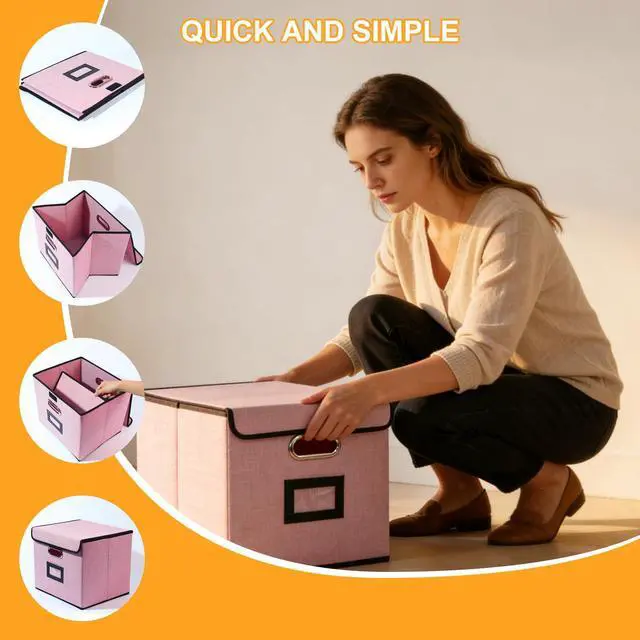 Alt view image 5 of 6 - Large Square Storage Bin with Lid, Foldable Organizer Box with Handles & Label Design, for Office, Closet, Home, Documents, Pink, 12.20 x 10.63 x 10.63 Inches, 1 Pack