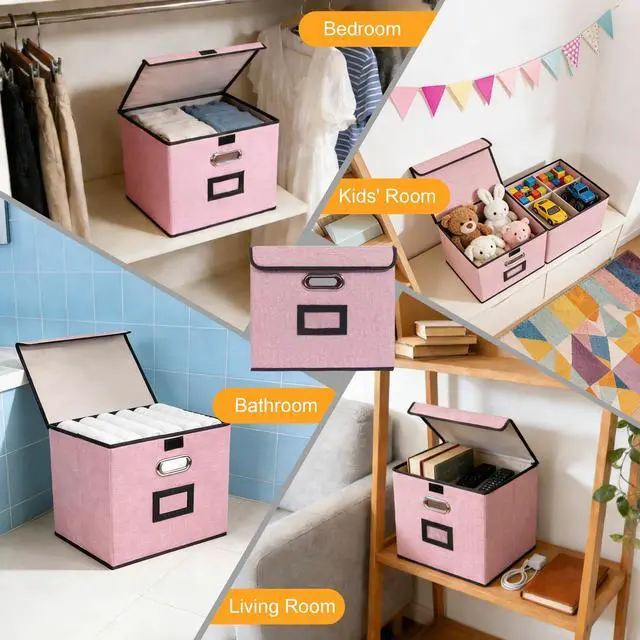 Alt view image 6 of 6 - Large Square Storage Bin with Lid, Foldable Organizer Box with Handles & Label Design, for Office, Closet, Home, Documents, Pink, 12.20 x 10.63 x 10.63 Inches, 1 Pack