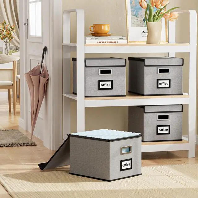 Alt view image 2 of 7 - Upgraded Portable File Organizer Box with Lid, Collapsible Linen Hanging Filing Storage Boxes with Plastic Slides, Decorative Home/Office Filing System Box for File and Folders Storage (Gray)