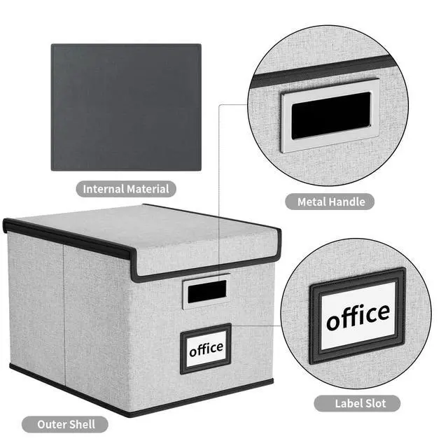 Alt view image 3 of 7 - Upgraded Portable File Organizer Box with Lid, Collapsible Linen Hanging Filing Storage Boxes with Plastic Slides, Decorative Home/Office Filing System Box for File and Folders Storage (Gray)