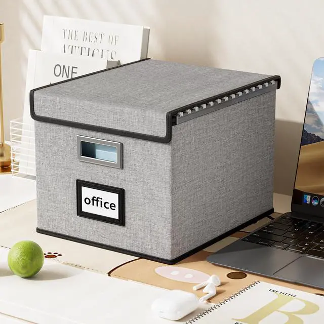 Alt view image 5 of 7 - Upgraded Portable File Organizer Box with Lid, Collapsible Linen Hanging Filing Storage Boxes with Plastic Slides, Decorative Home/Office Filing System Box for File and Folders Storage (Gray)