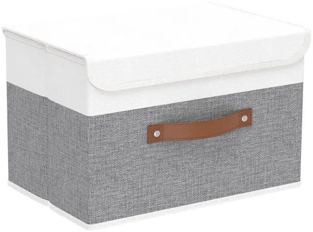 Main image of Storage Boxes with Lids, Linen Fabric Bin, Cube Organizer Basket, Washable and Leather Handle, for Home, Closet, White/Grey, 15.0''Lx9.8''Wx9.8''H, 1-Pack, USNK024WGL-1