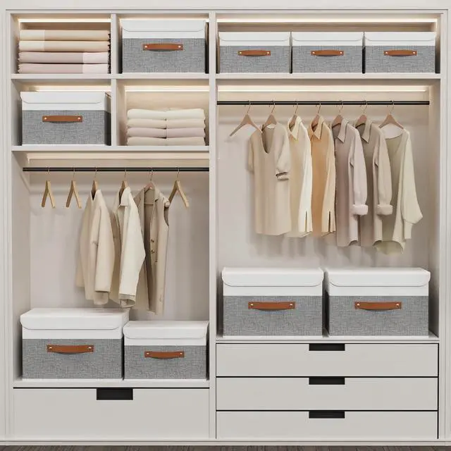 Alt view image 2 of 7 - Storage Boxes with Lids, Linen Fabric Bin, Cube Organizer Basket, Washable and Leather Handle, for Home, Closet, White/Grey, 15.0''Lx9.8''Wx9.8''H, 1-Pack, USNK024WGL-1