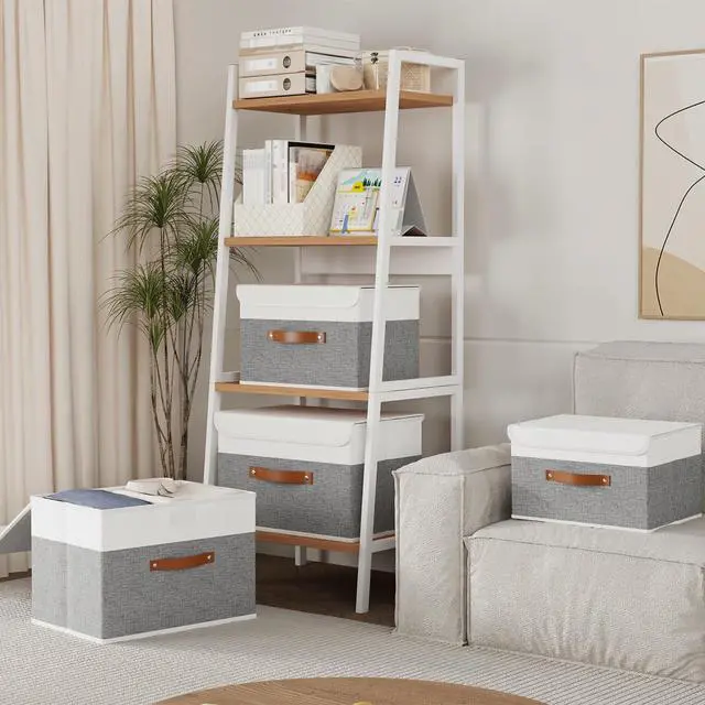 Alt view image 3 of 7 - Storage Boxes with Lids, Linen Fabric Bin, Cube Organizer Basket, Washable and Leather Handle, for Home, Closet, White/Grey, 15.0''Lx9.8''Wx9.8''H, 1-Pack, USNK024WGL-1