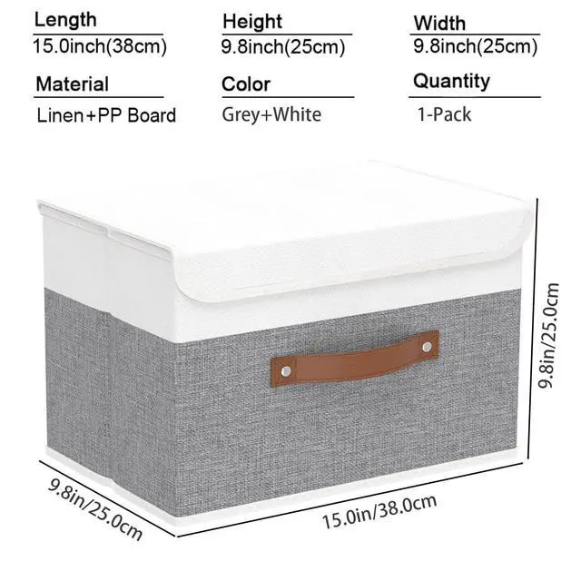 Alt view image 4 of 7 - Storage Boxes with Lids, Linen Fabric Bin, Cube Organizer Basket, Washable and Leather Handle, for Home, Closet, White/Grey, 15.0''Lx9.8''Wx9.8''H, 1-Pack, USNK024WGL-1