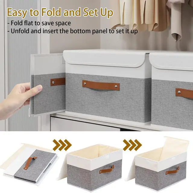 Alt view image 6 of 7 - Storage Boxes with Lids, Linen Fabric Bin, Cube Organizer Basket, Washable and Leather Handle, for Home, Closet, White/Grey, 15.0''Lx9.8''Wx9.8''H, 1-Pack, USNK024WGL-1
