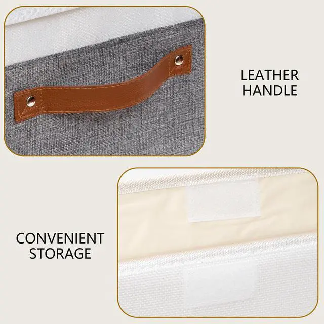 Alt view image 7 of 7 - Storage Boxes with Lids, Linen Fabric Bin, Cube Organizer Basket, Washable and Leather Handle, for Home, Closet, White/Grey, 15.0''Lx9.8''Wx9.8''H, 1-Pack, USNK024WGL-1