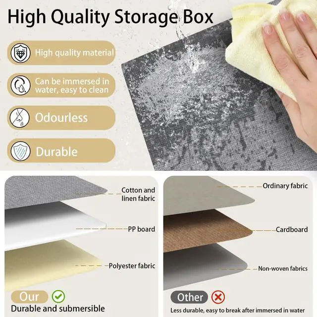 Alt view image 5 of 7 - Storage Boxes with Lids, Linen Fabric Bin, Cube Organizer Basket, Washable and Leather Handle, for Home, Closet, White/Grey, 15.0''Lx9.8''Wx9.8''H, 1-Pack, USNK024WGL-1