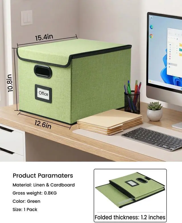 Alt view image 2 of 7 - Qerlei File Organizer Boxes with Lids,Collapsible File Folder Organizer with Plastic Slide,Collapsible Filing & Storage Boxes for Office/Decor/Home (Green, 1 Pack)