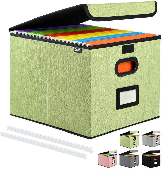 Main image of Qerlei File Organizer Boxes with Lids,Collapsible File Folder Organizer with Plastic Slide,Collapsible Filing & Storage Boxes for Office/Decor/Home (Green, 1 Pack)
