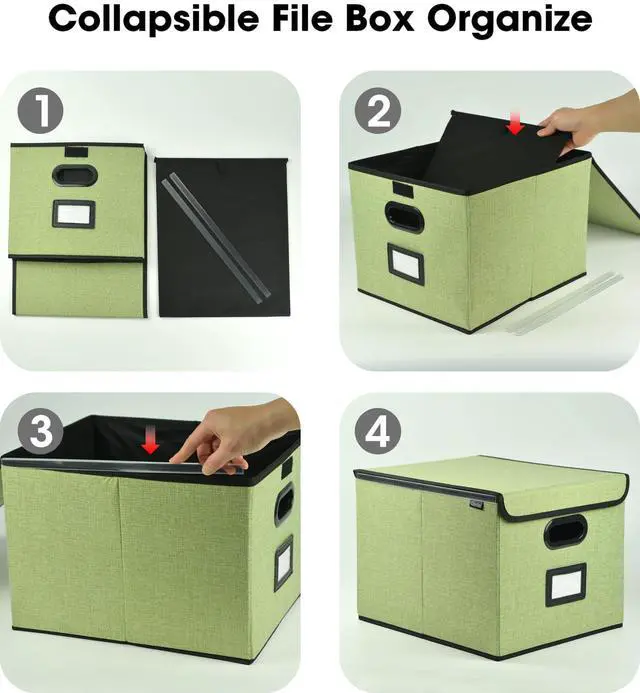 Alt view image 7 of 7 - Qerlei File Organizer Boxes with Lids,Collapsible File Folder Organizer with Plastic Slide,Collapsible Filing & Storage Boxes for Office/Decor/Home (Green, 1 Pack)