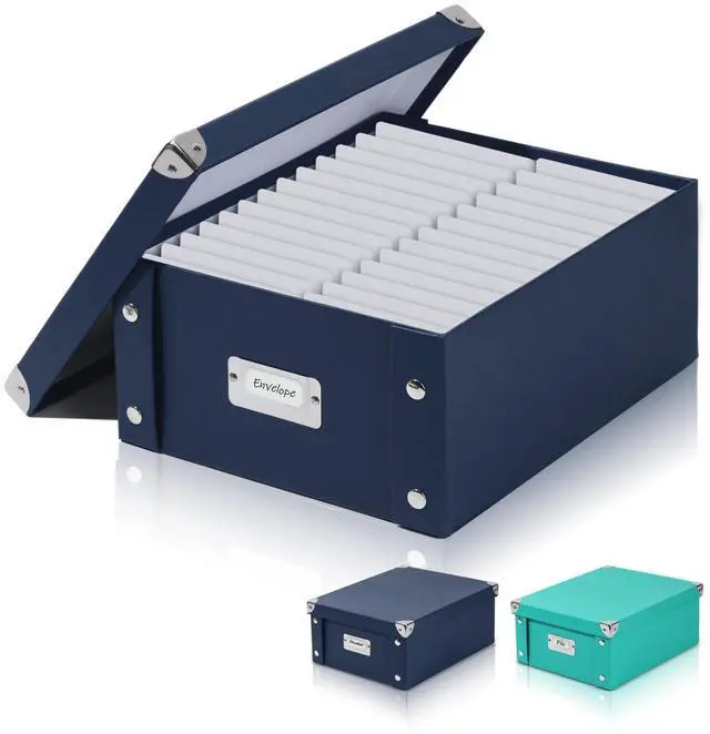 Main image of Checks Storage Box with Lid Document Boxes Banker Boxes Document Bin Foldable Cardboard Record Boxes For Business Pesonal Orangize Files 12"x10"x5"(Navy Blue, 1 pcs)