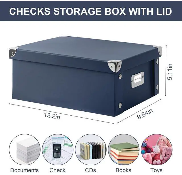 Alt view image 5 of 7 - Checks Storage Box with Lid Document Boxes Banker Boxes Document Bin Foldable Cardboard Record Boxes For Business Pesonal Orangize Files 12"x10"x5"(Navy Blue, 1 pcs)