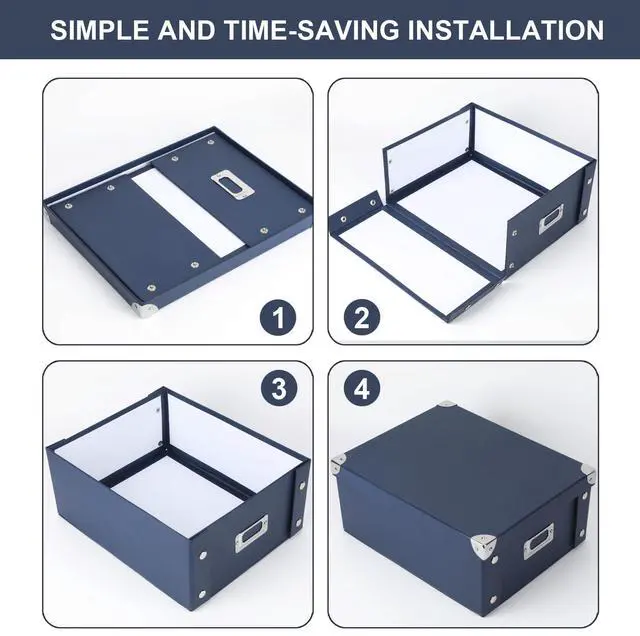 Alt view image 4 of 7 - Checks Storage Box with Lid Document Boxes Banker Boxes Document Bin Foldable Cardboard Record Boxes For Business Pesonal Orangize Files 12"x10"x5"(Navy Blue, 1 pcs)